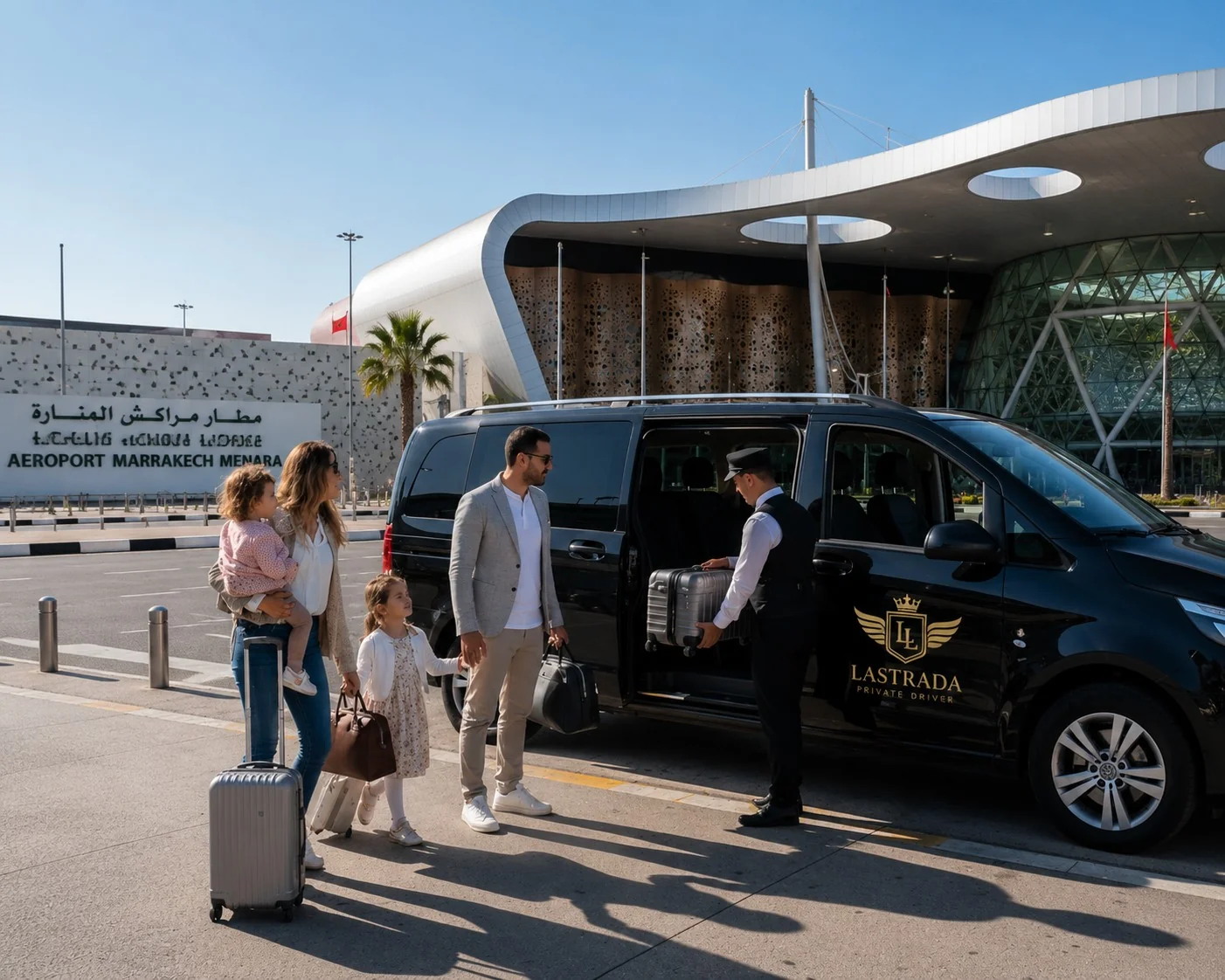 Famille prise en charge par un chauffeur à l'aéroport de Marrakech