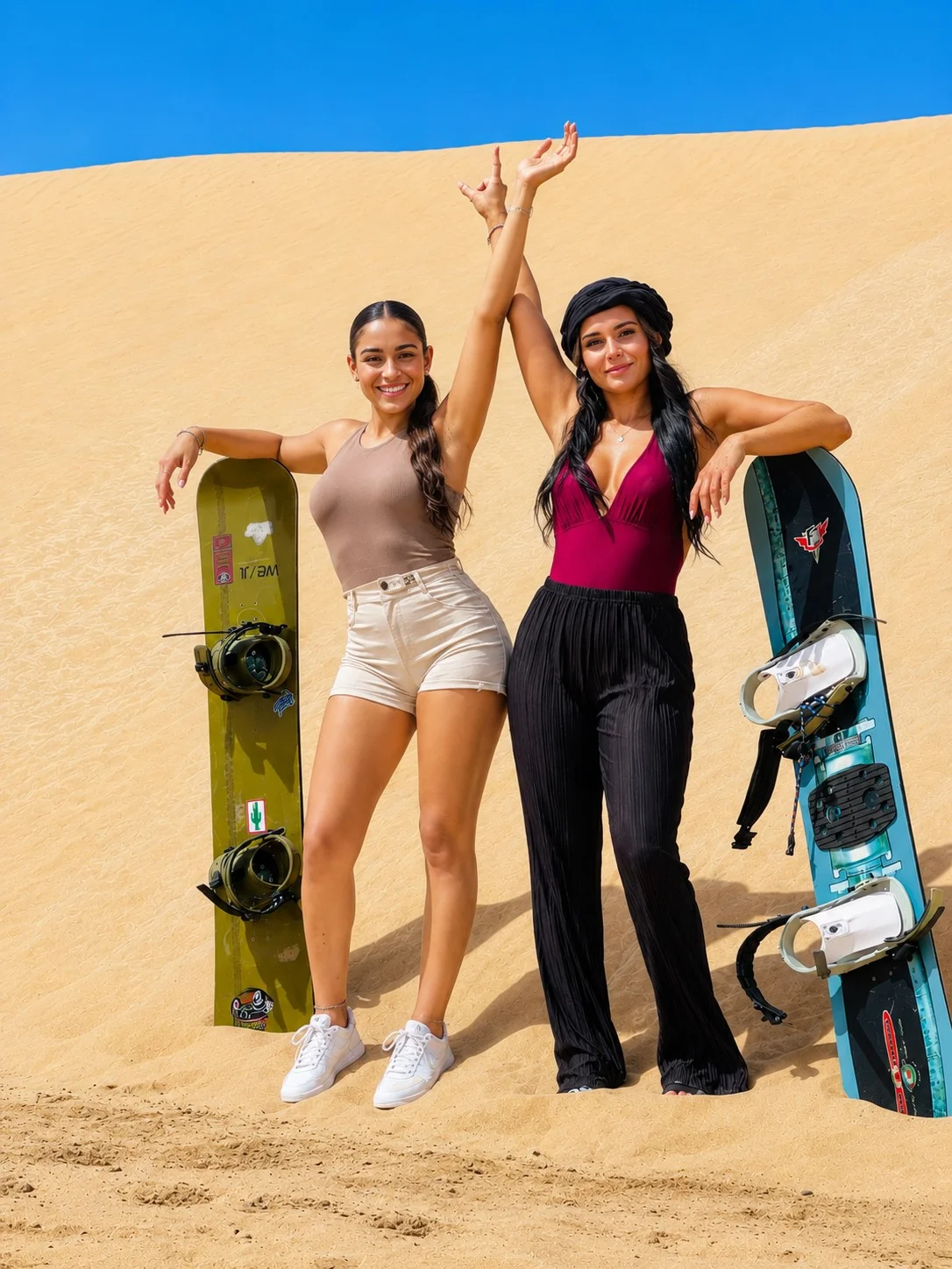 Deux voyageuses avec des planches de sandboard sur les dunes