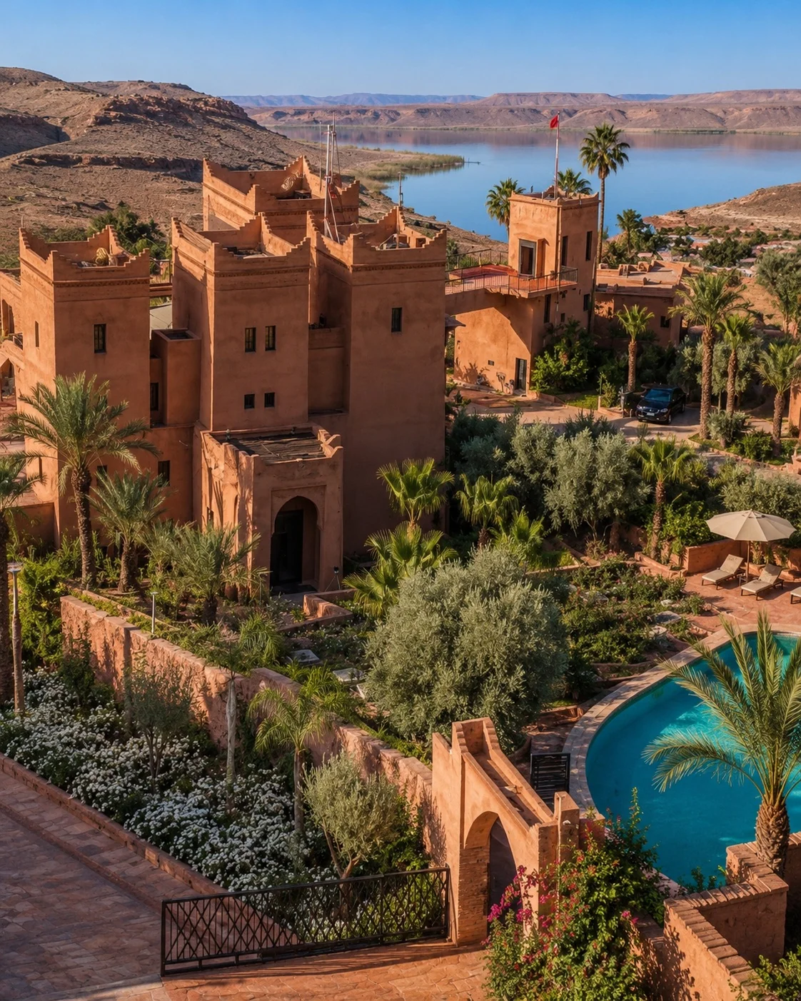 Kasbah traditionnelle au bord d'un lac, route de Merzouga