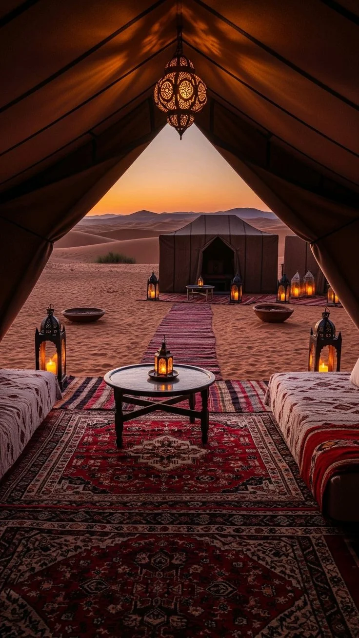 Intérieur d'une tente de luxe au coucher du soleil, camp de Merzouga