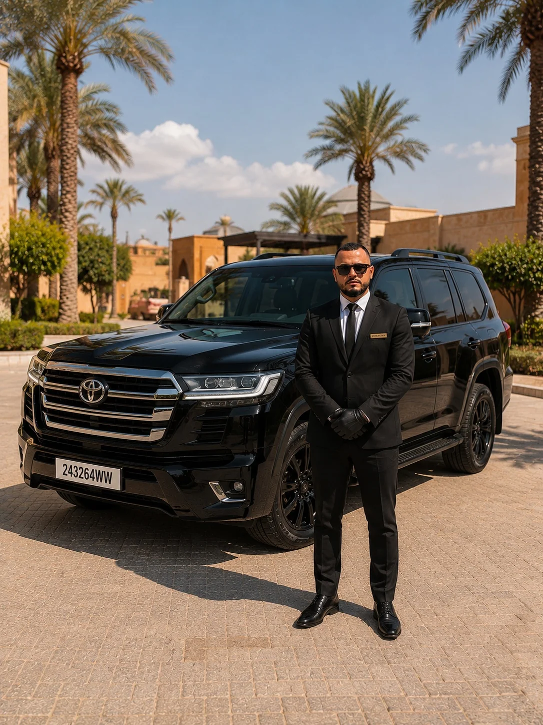 Chauffeur LASTRADA devant un 4x4 au camp de luxe de Merzouga