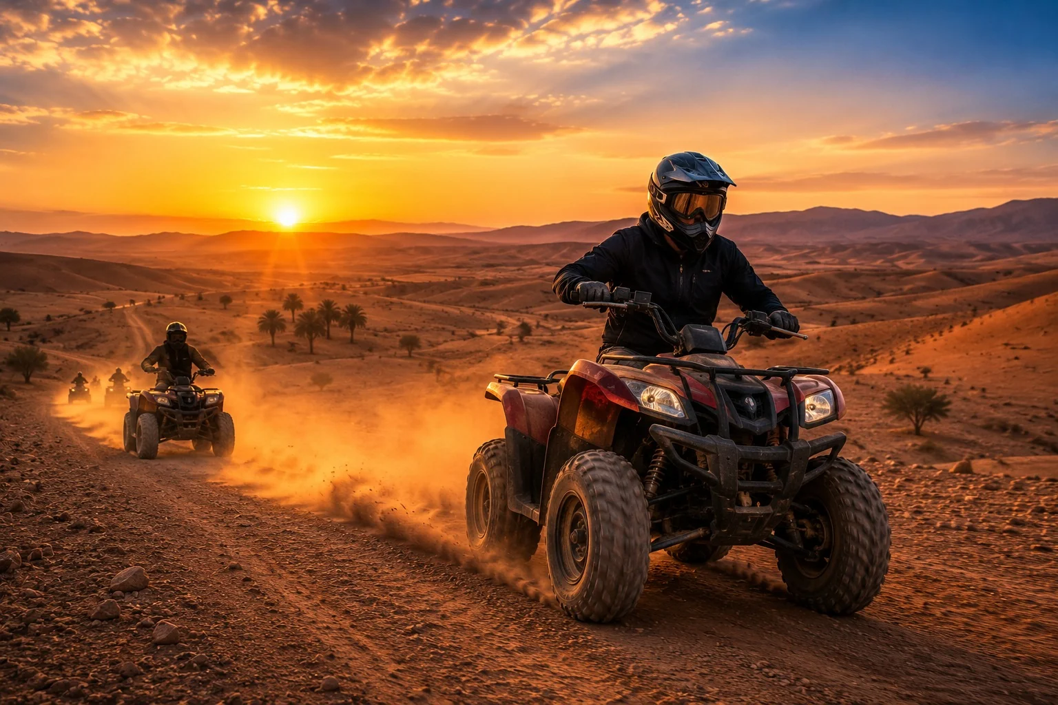 Riders en quad au coucher du soleil dans le désert marocain