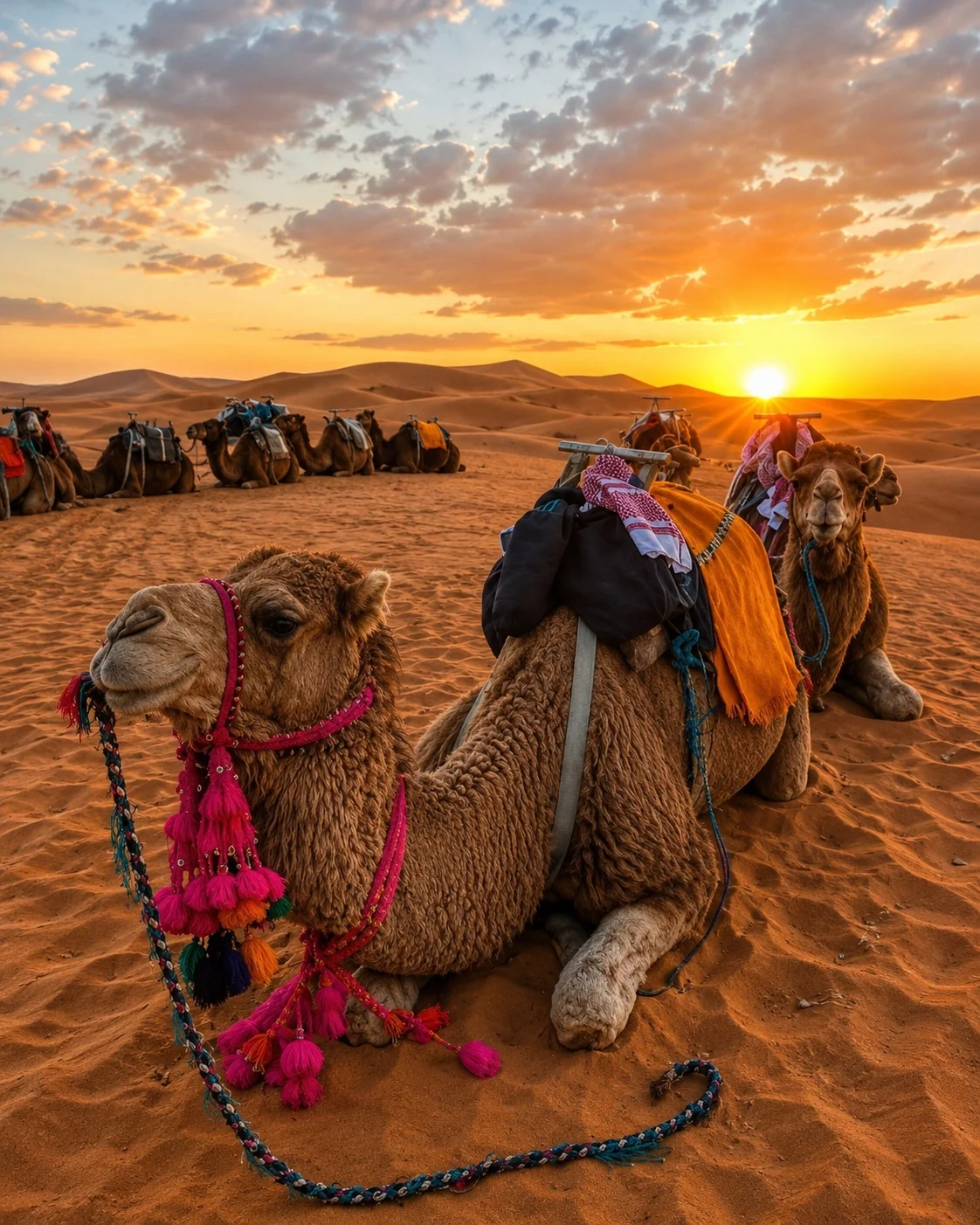 Chameaux au coucher du soleil dans les dunes de l'Erg Chebbi